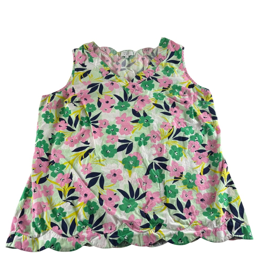 Crown & Ivy Womens Pink Green Floral Scalloped Hem V-Neck Cotton Tank Top L